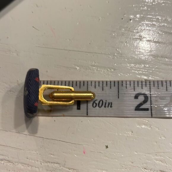 1” gold tone cuff links w/blue Damask fabric red white Fleur de Lis bullet back - Picture 9 of 11